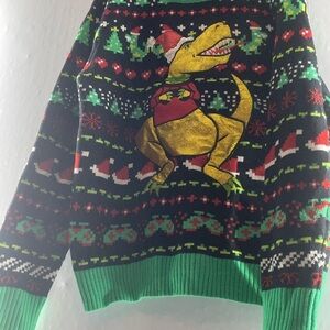 Holiday Hype Men’s Christmas Sweater with a Dino in a Christmas hat